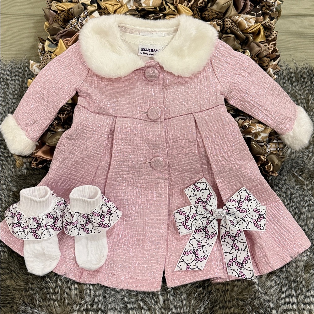 Kids dress & coat size 12 months & Hello Kitty socks & bow price is firm NWOT